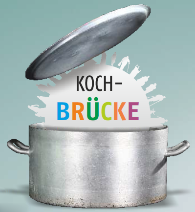 Logo der Kochbrücke, ein Topf mit dem Schriftzug Kochbrücke und dem Logo des Vereins Soziale Projekte Steiermark.