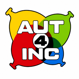 Logo mit "AUT 4 INC" in weißer Schrift auf einem Hintergrund aus vier überlappenden, bunten Kreisen (gelb, rot, grün, blau). Das Logo symbolisiert Inklusion und Vielfalt.