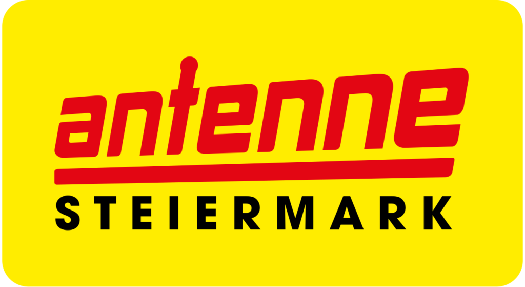 Das Logo von Antenne Steiermark, einem Sponsor des Grazer Inklusionslaufs, auf einem gelben Hintergrund.