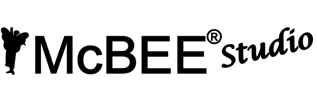 Schwarz-weiß Logo von McBee Studio mit einer tanzenden Figur und dem Schriftzug "McBee studio".