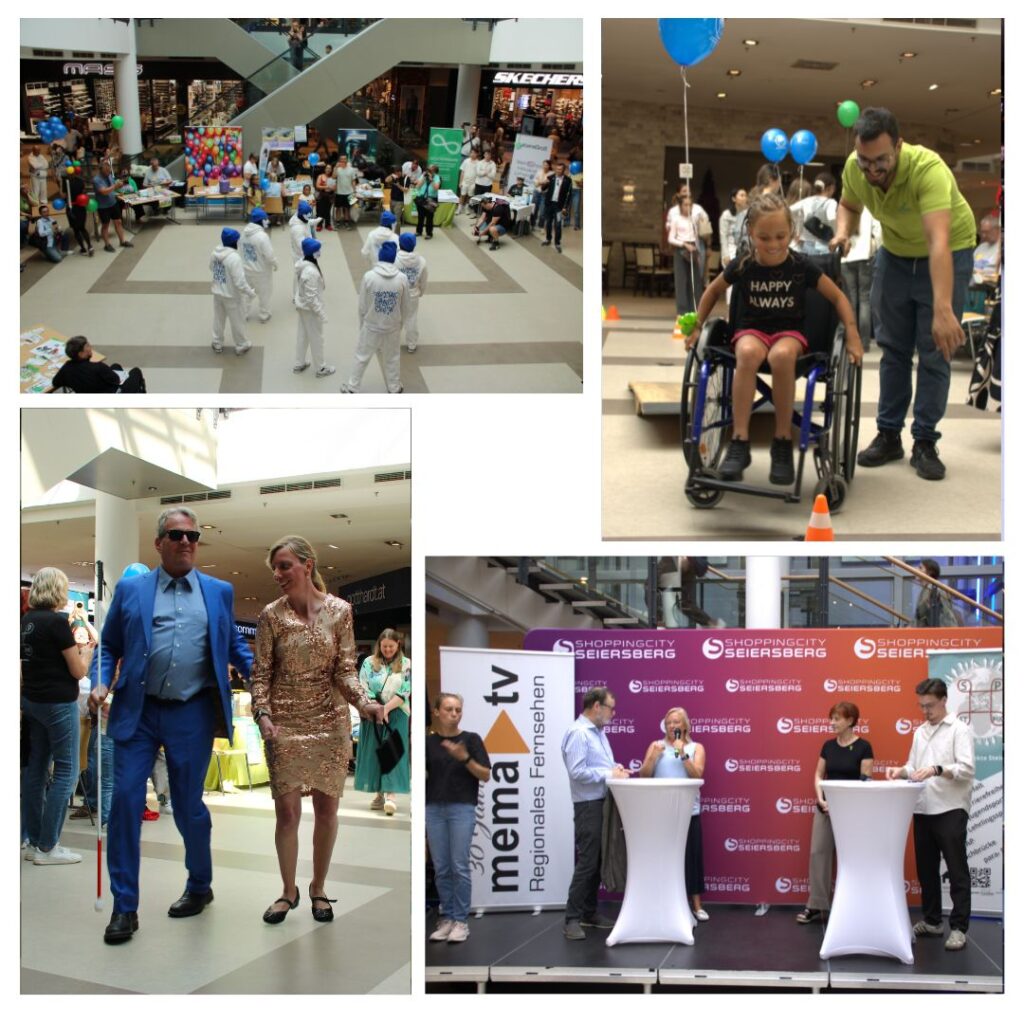 Fotocollage vom Inklusionstag in der Shoppingcity Seiersberg: Tanzauftritt, ein Kind beim begleiteten Rollstuhlparcours, ein Mann mit weißem Blindenstock neben einer Frau im goldenen Kleid und eine Gesprächsrunde auf der Bühne mit Gebärdensprachdolmetschung.