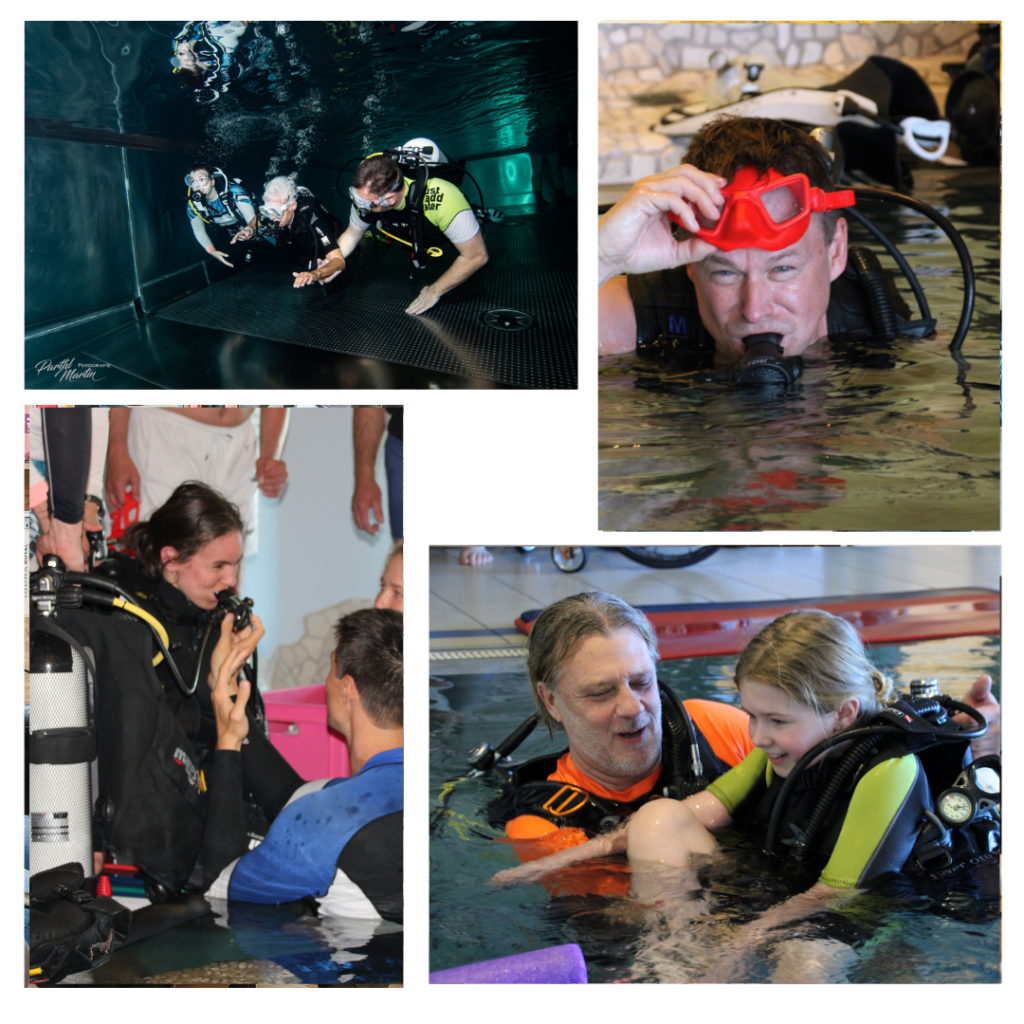Eine Collage aus vier Fotos zeigt Menschen beim inklusiven Schnuppertauchen. Oben links begleiten zwei Taucher eine ältere Person mit Tauchausrüstung in einem Becken, während sie gemeinsam unter Wasser üben. Oben rechts taucht ein Mann in einem Schwimmbecken auf und hebt seine rote Tauchmaske leicht an, während er ins Wasser lächelt. Unten links bekommt eine Frau im Rollstuhl Unterstützung beim Anlegen ihrer Tauchausrüstung; mehrere Helfer stehen dicht bei ihr und unterstützen sie behutsam. Unten rechts sitzt ein Mädchen in kompletter Tauchausrüstung im Wasser und wird von einem Tauchlehrer gehalten, beide wirken entspannt und lachen.