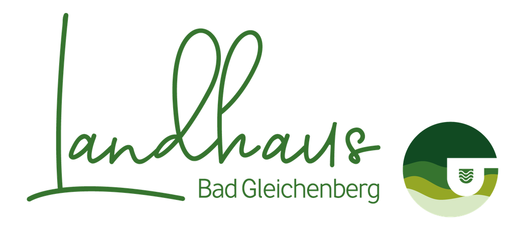 Logo für "Landhaus Bad Gleichenberg" mit stilisiertem grünen Schriftzug und einem Kreis mit Landschaftsmotiv, der Sponsoren des Balls der Vielfalt repräsentiert.