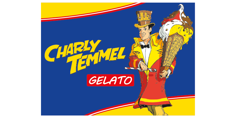 Charly Temmel Gelato: Ein bunter Eisverkäufer mit Eiswaffel und dem Schriftzug "Charly Temmel Gelato" auf blauem Hintergrund.