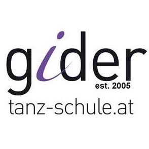 Logo der Tanzschule Gider: "gider tanz-schule.at est. 2005" in schwarzer und violetter Schrift.