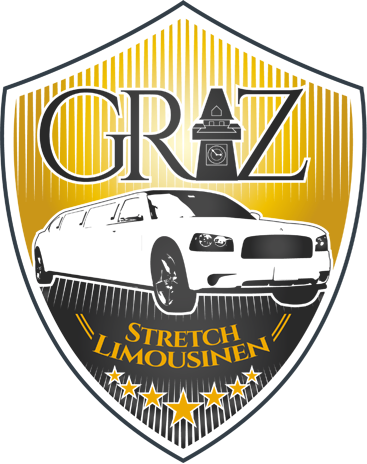 Wappen mit "GRAZ" Schriftzug und einer weißen Stretch-Limousine, darunter "STRETCH LIMOUSINEN".