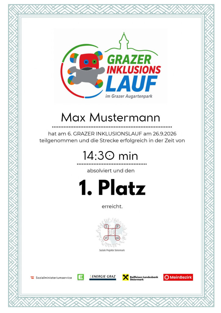 Urkunde für den Grazer Inklusionslauf: Max Mustermann erreicht mit 14:30 min den 1. Platz.